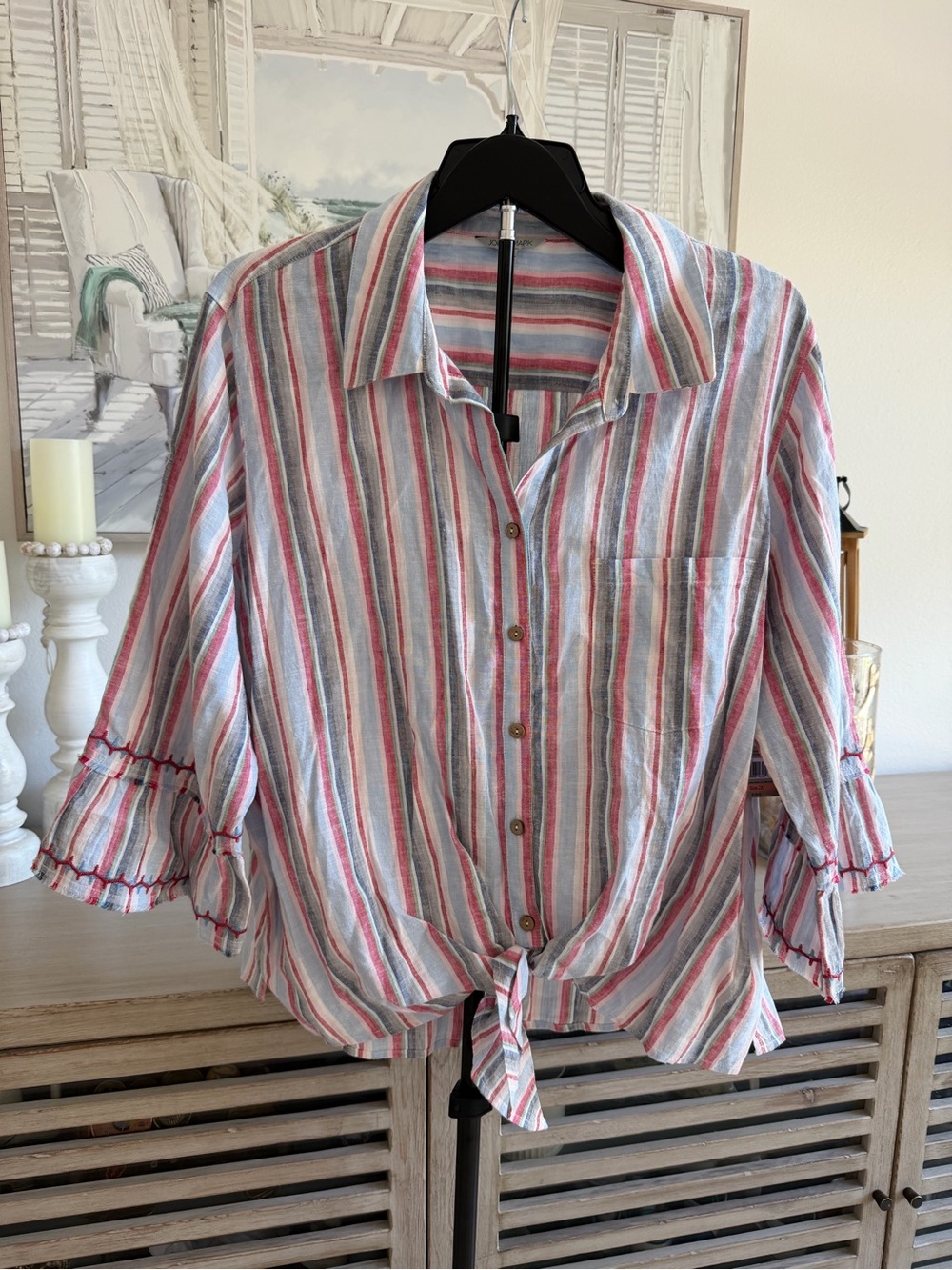 John Mark Plus Size Striped Tie-front Blouse Ruffle Sleeve